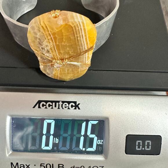 Golden Calcite Cuff Bracelet Wrapped Chunky Stone Boho Modern Silver tone - Picture 7 of 10